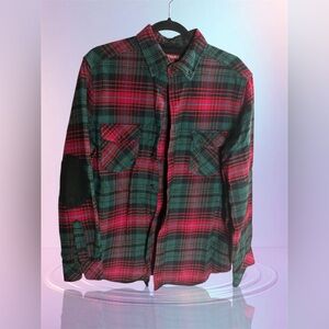 Merona Flannel Shirt Shacket Elbow Patches Red/Blue/Black Plaid Holiday Sz Med.